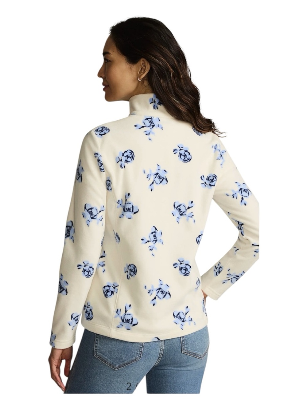 Lands’ End Anywhere Fleece Quarter Zip Pullover Ivory Blue Floral size M - Picture 3 of 12